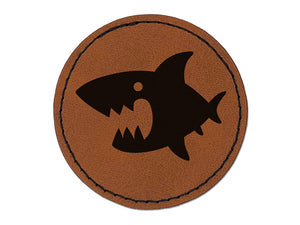 Cute Shark icon Round Iron-On Engraved Faux Leather Patch Applique - 2.5"