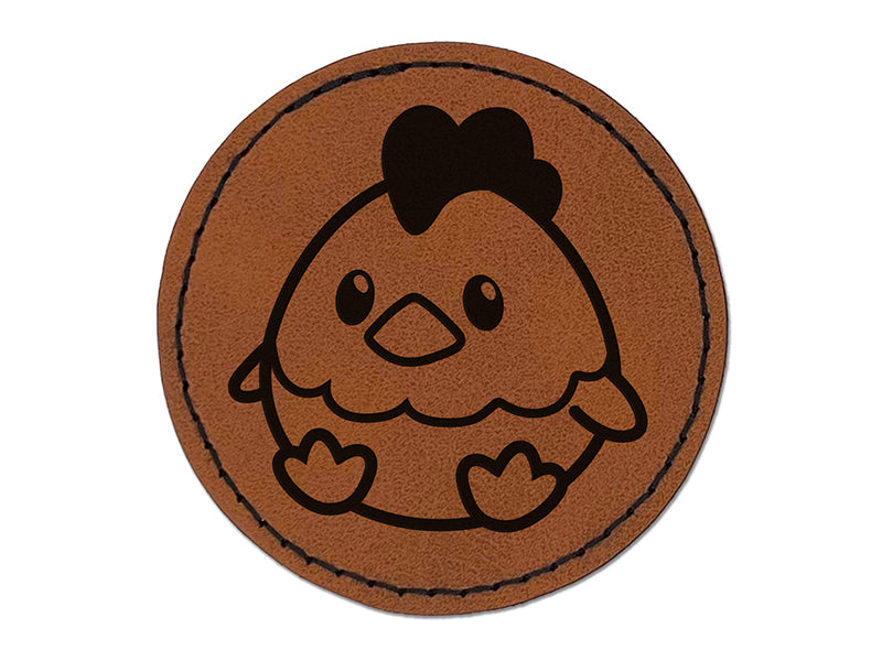 Cute Sitting Chicken Round Iron-On Engraved Faux Leather Patch Applique - 2.5"