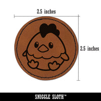 Cute Sitting Chicken Round Iron-On Engraved Faux Leather Patch Applique - 2.5"