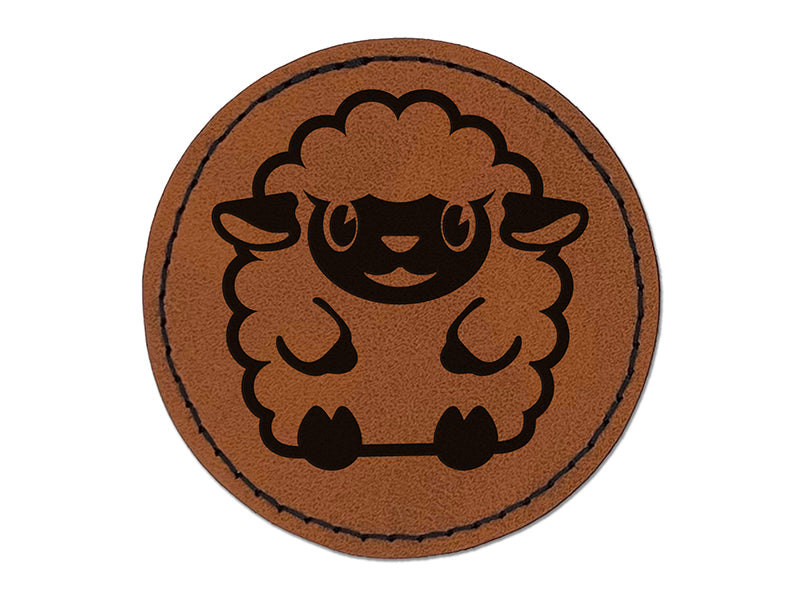Cute Wooly Sheep Lamb Sitting Round Iron-On Engraved Faux Leather Patch Applique - 2.5"