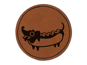 Dachshund Wiener Dog Hotdog Round Iron-On Engraved Faux Leather Patch Applique - 2.5"