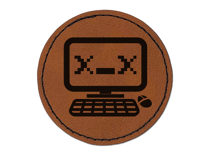 Dead Kawaii Computer Face Emoticon Round Iron-On Engraved Faux Leather Patch Applique - 2.5"