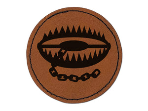 Deadly Bear Trap Round Iron-On Engraved Faux Leather Patch Applique - 2.5"