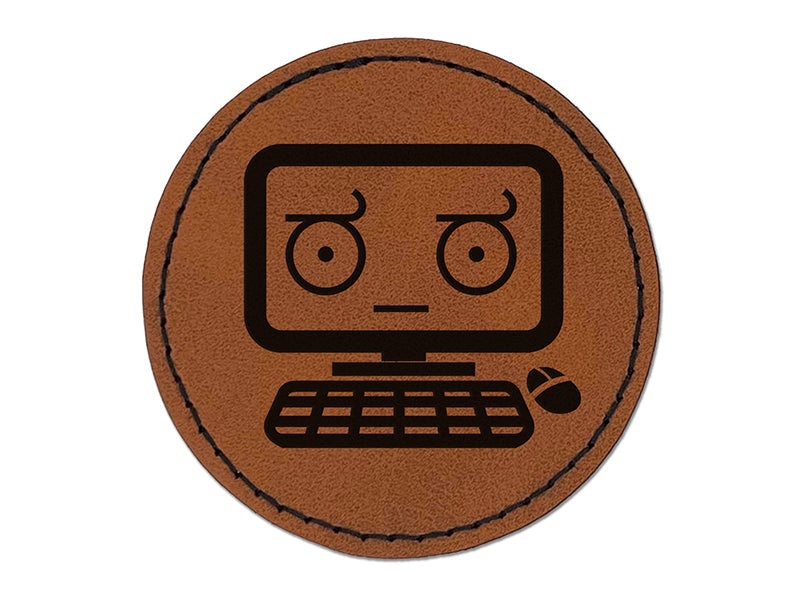 Doubtful Kawaii Computer Face Emoticon Round Iron-On Engraved Faux Leather Patch Applique - 2.5"