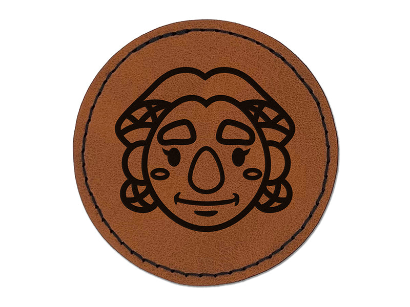 Dwarf Female Character Face Round Iron-On Engraved Faux Leather Patch Applique - 2.5"