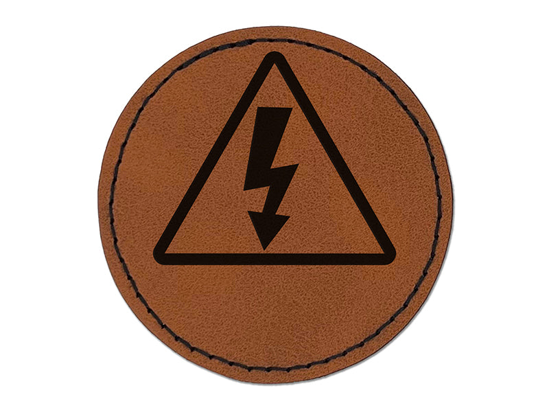 Electrical High Voltage Warning Sign Round Iron-On Engraved Faux Leather Patch Applique - 2.5"