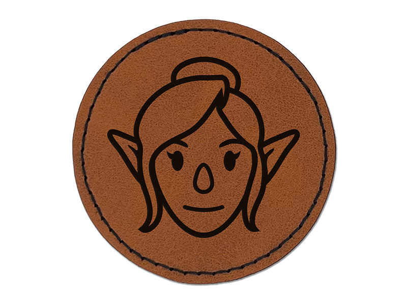 Elf Female Character Face Round Iron-On Engraved Faux Leather Patch Applique - 2.5"