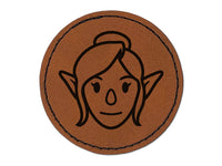 Elf Female Character Face Round Iron-On Engraved Faux Leather Patch Applique - 2.5"