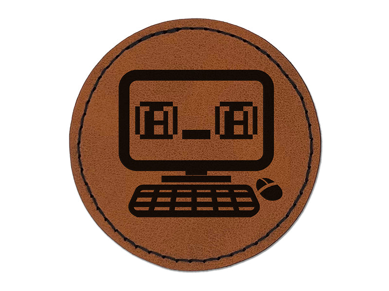Excited Teary Eyed Kawaii Computer Face Emoticon Round Iron-On Engraved Faux Leather Patch Applique - 2.5"