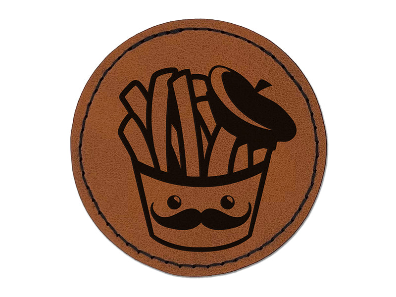 French Fries with Mustache and Beret Round Iron-On Engraved Faux Leather Patch Applique - 2.5"