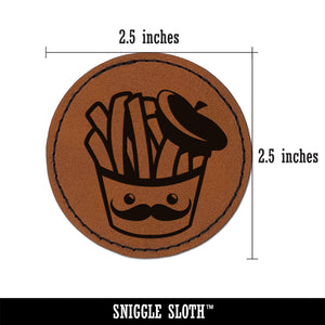 French Fries with Mustache and Beret Round Iron-On Engraved Faux Leather Patch Applique - 2.5"