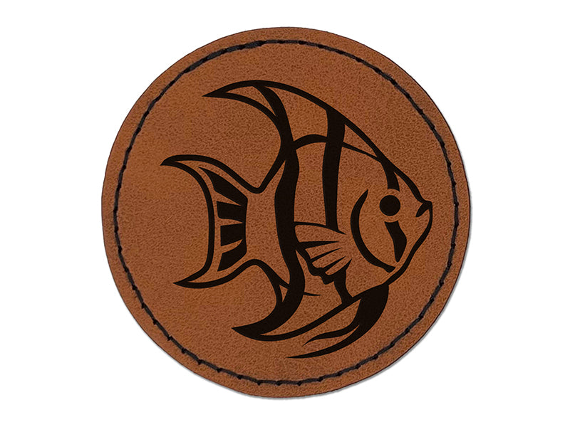 Freshwater Striped Angelfish Fish Round Iron-On Engraved Faux Leather Patch Applique - 2.5"