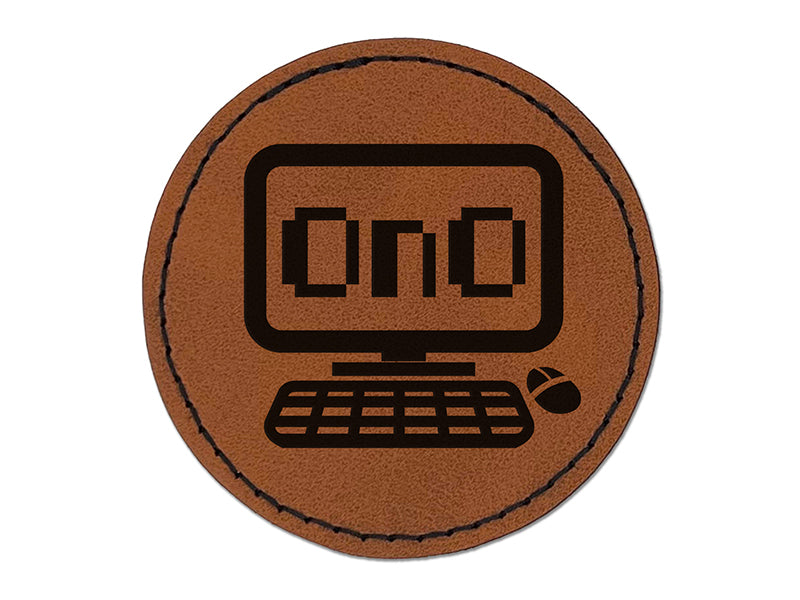 Frowning Kawaii Computer Face Emoticon Round Iron-On Engraved Faux Leather Patch Applique - 2.5"