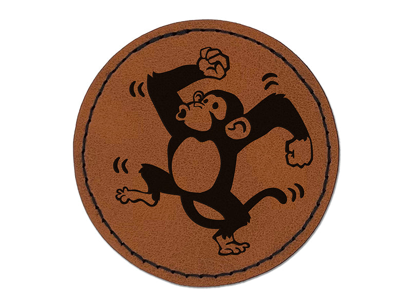 Fun Dancing Monkey Round Iron-On Engraved Faux Leather Patch Applique - 2.5"
