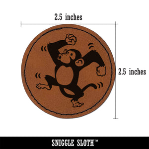 Fun Dancing Monkey Round Iron-On Engraved Faux Leather Patch Applique - 2.5"
