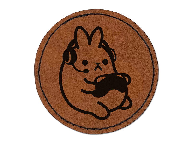 Geek Gamer Bunny Rabbit Playing Console Games Round Iron-On Engraved Faux Leather Patch Applique - 2.5"