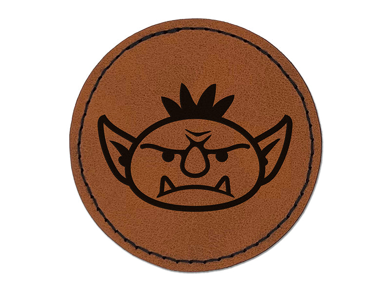 Goblin Male Character Face Round Iron-On Engraved Faux Leather Patch Applique - 2.5"