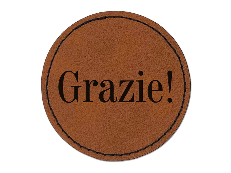 Grazie Italian Thank You Round Iron-On Engraved Faux Leather Patch Applique - 2.5"