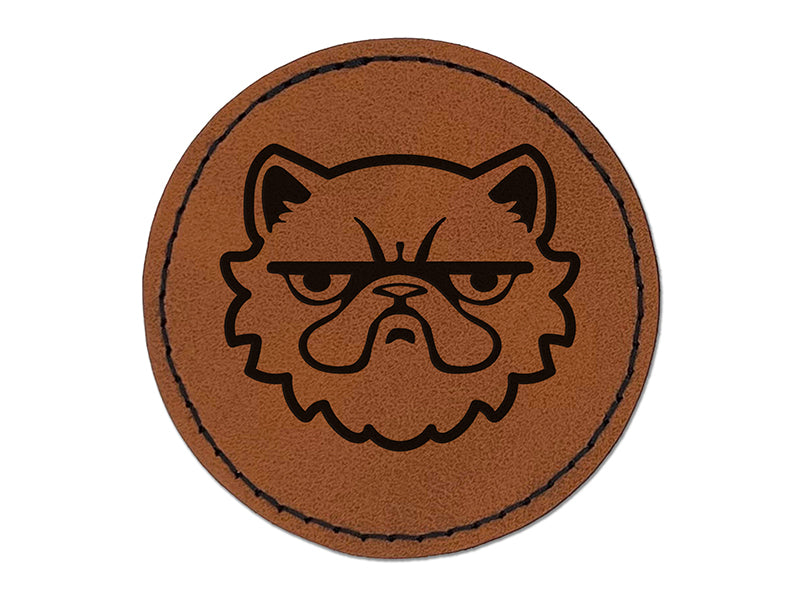 Grumpy Persian Cat Face Round Iron-On Engraved Faux Leather Patch Applique - 2.5"