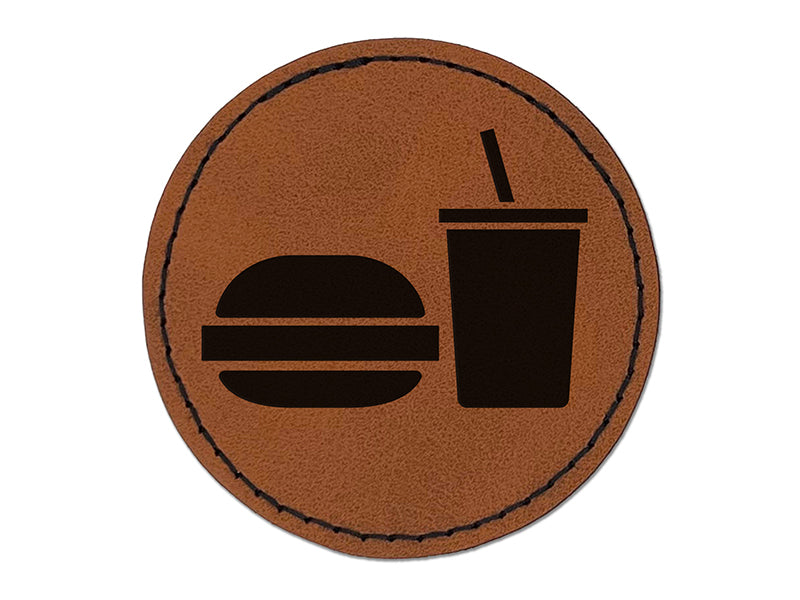 Hamburger and Soda Food Drink Icon Round Iron-On Engraved Faux Leather Patch Applique - 2.5"
