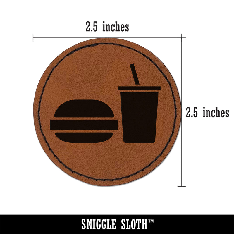 Hamburger and Soda Food Drink Icon Round Iron-On Engraved Faux Leather Patch Applique - 2.5"