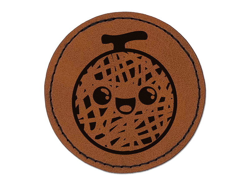 Happy Cute Honeydew Melon Round Iron-On Engraved Faux Leather Patch Applique - 2.5"