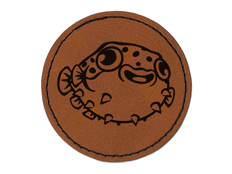 Happy Little Pufferfish Round Iron-On Engraved Faux Leather Patch Applique - 2.5"