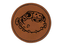 Happy Little Pufferfish Round Iron-On Engraved Faux Leather Patch Applique - 2.5"