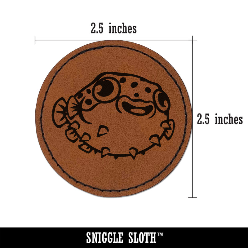 Happy Little Pufferfish Round Iron-On Engraved Faux Leather Patch Applique - 2.5"