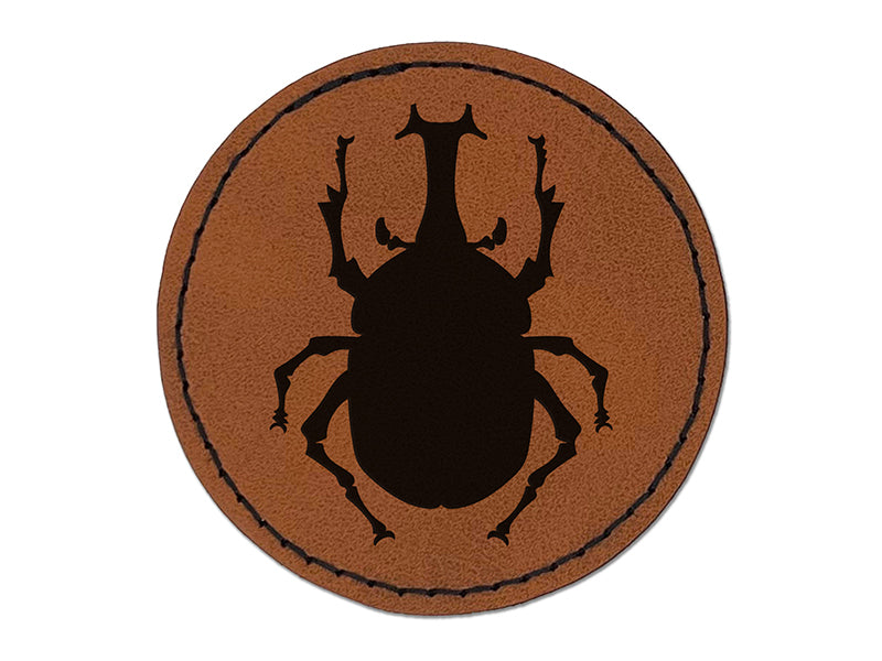 Horned Dynastid Rhinoceros Beetle Insect Round Iron-On Engraved Faux Leather Patch Applique - 2.5"