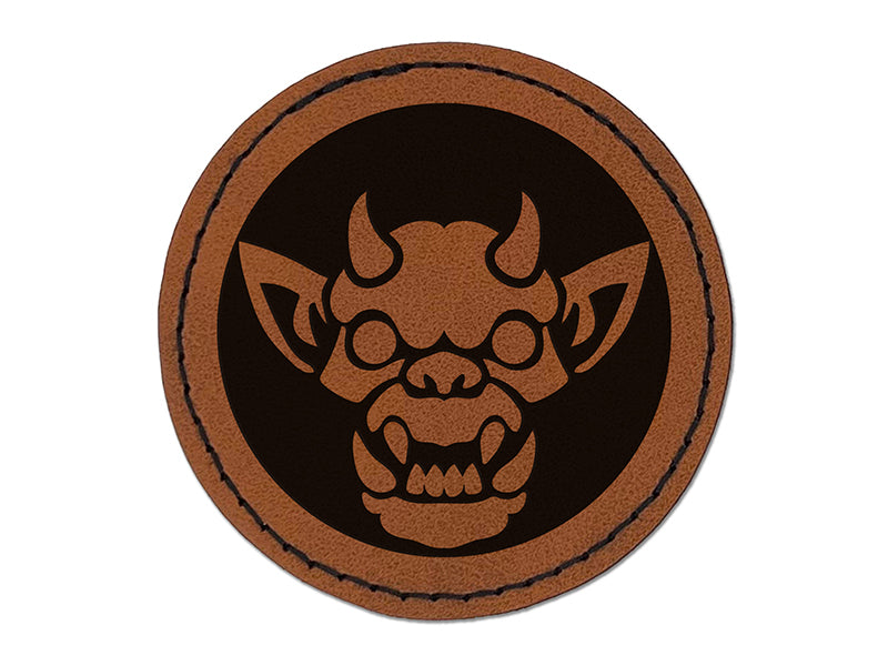 Horned Gargoyle Head Round Iron-On Engraved Faux Leather Patch Applique - 2.5"
