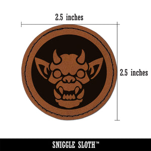 Horned Gargoyle Head Round Iron-On Engraved Faux Leather Patch Applique - 2.5"