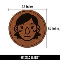 Human Female Character Face Round Iron-On Engraved Faux Leather Patch Applique - 2.5"