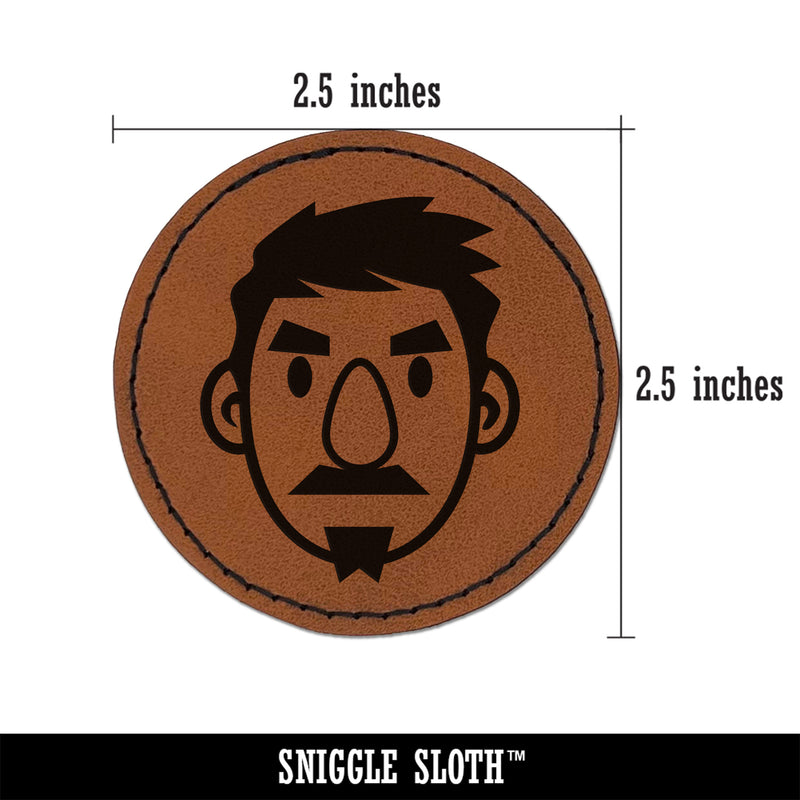 Human Male Character Face Round Iron-On Engraved Faux Leather Patch Applique - 2.5"