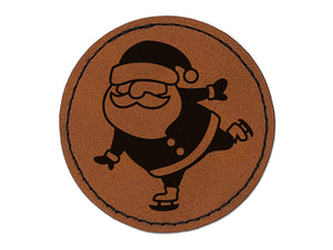 Ice Skating Christmas Santa Claus Round Iron-On Engraved Faux Leather Patch Applique - 2.5"