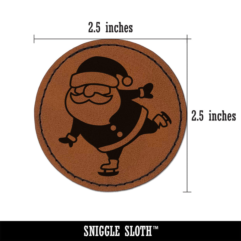 Ice Skating Christmas Santa Claus Round Iron-On Engraved Faux Leather Patch Applique - 2.5"