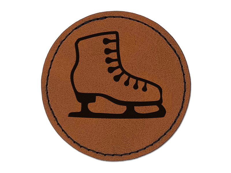 Ice Skating Figure Skates Round Iron-On Engraved Faux Leather Patch Applique - 2.5"
