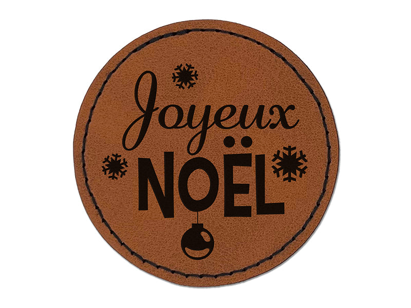 Joyeux Noel French with Christmas Ornaments and Snowflakes Round Iron-On Engraved Faux Leather Patch Applique - 2.5"