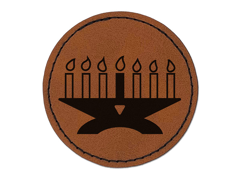 Kwanzaa Kinara with Candles Round Iron-On Engraved Faux Leather Patch Applique - 2.5"