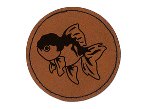 Lionhead Fancy Pet Goldfish Round Iron-On Engraved Faux Leather Patch Applique - 2.5"