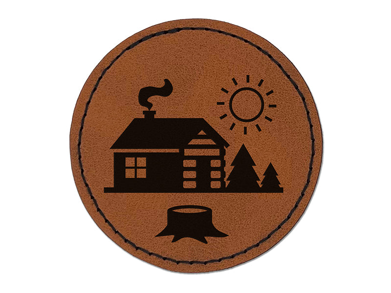 Log Cabin in the Woods Round Iron-On Engraved Faux Leather Patch Applique - 2.5"