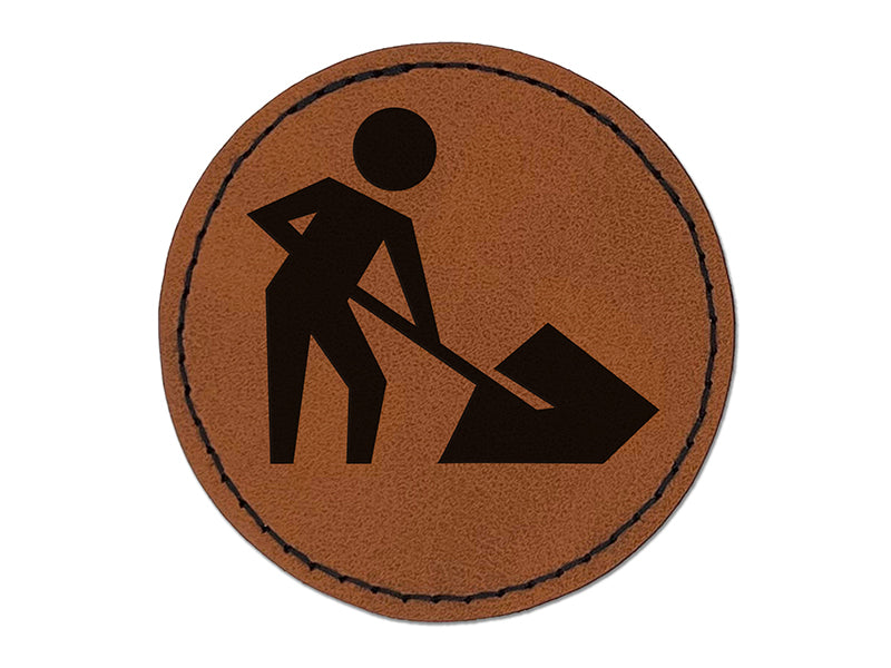 Man with Shovel Construction Zone Sign Round Iron-On Engraved Faux Leather Patch Applique - 2.5"