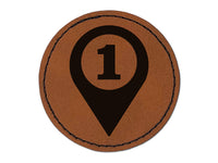 Map Location 1 Marker Round Iron-On Engraved Faux Leather Patch Applique - 2.5"