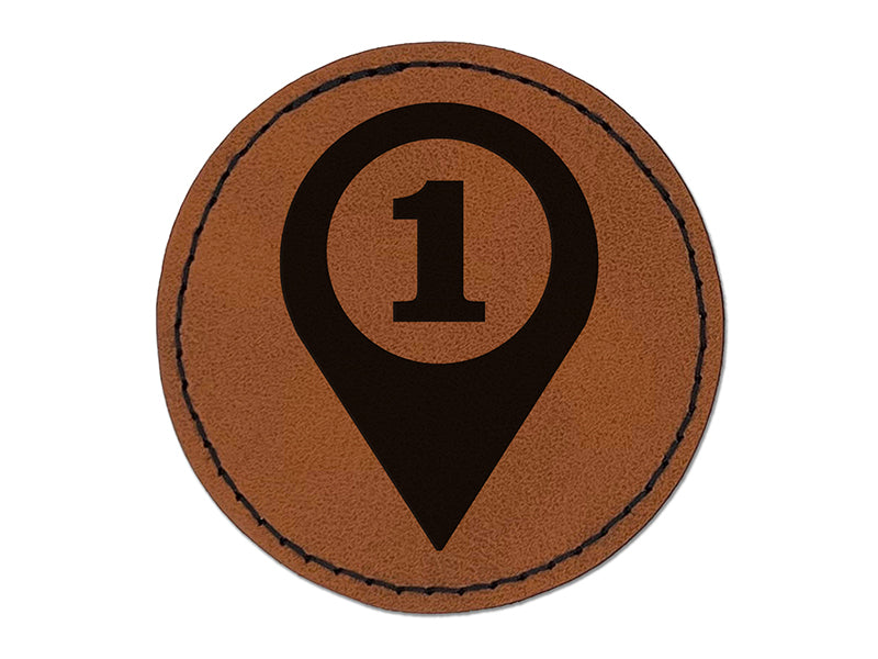 Map Location 1 Marker Round Iron-On Engraved Faux Leather Patch Applique - 2.5"