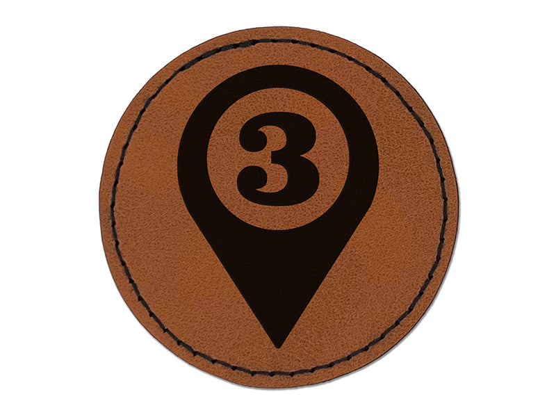Map Location 3 Marker Round Iron-On Engraved Faux Leather Patch Applique - 2.5"