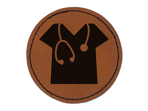 Medical Scrubs and Stethoscope Hospital Doctor Nurse Round Iron-On Engraved Faux Leather Patch Applique - 2.5"