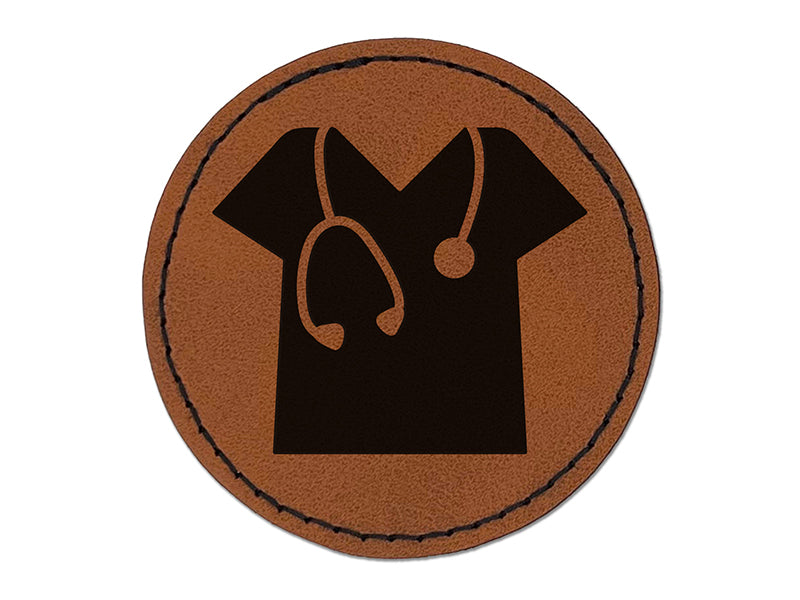 Medical Scrubs and Stethoscope Hospital Doctor Nurse Round Iron-On Engraved Faux Leather Patch Applique - 2.5"