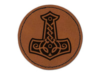 Mjolnir Symbol Norse Viking Hammer of Thor Round Iron-On Engraved Faux Leather Patch Applique - 2.5"