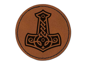 Mjolnir Symbol Norse Viking Hammer of Thor Round Iron-On Engraved Faux Leather Patch Applique - 2.5"