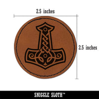 Mjolnir Symbol Norse Viking Hammer of Thor Round Iron-On Engraved Faux Leather Patch Applique - 2.5"